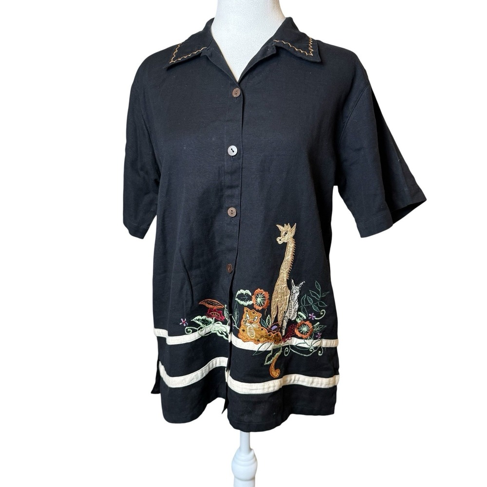Mileage Black Linen Blend Embroidered Button Up Shirt Large Safari Animals